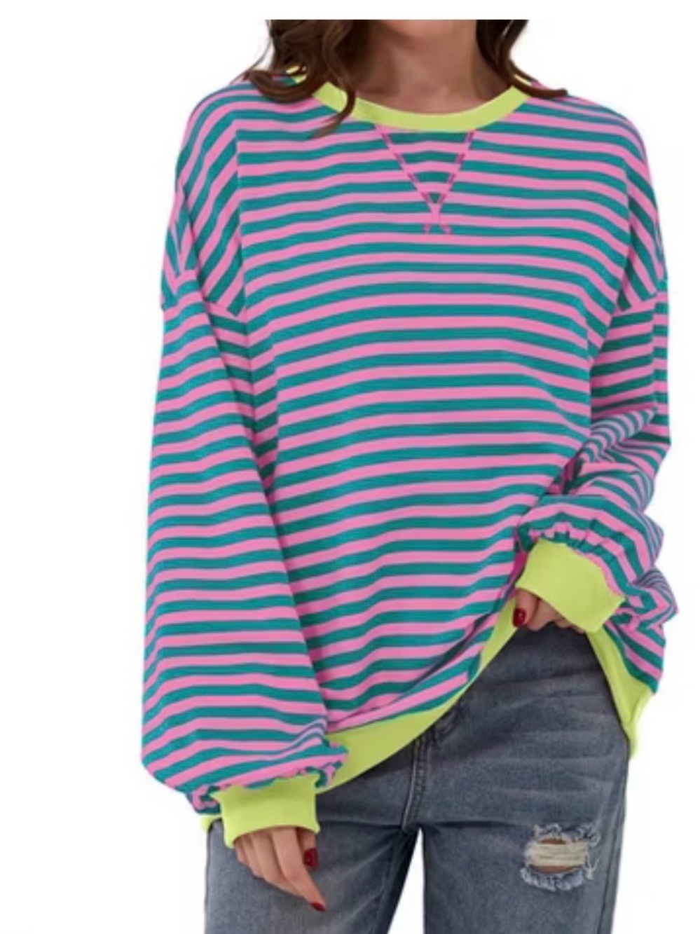 Tarse Striped Oversized Sweatshirt Color Block Crew Neck  Casual Sz LX